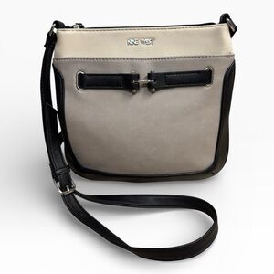 Nine West Tri Color Crossbody Bag Beige Gray Black Adjustable Strap Zip Top
